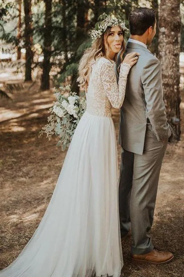 Ivory Tulle Lace A-line Long Sleeves Wedding Dresses With Sweep Train, SW452