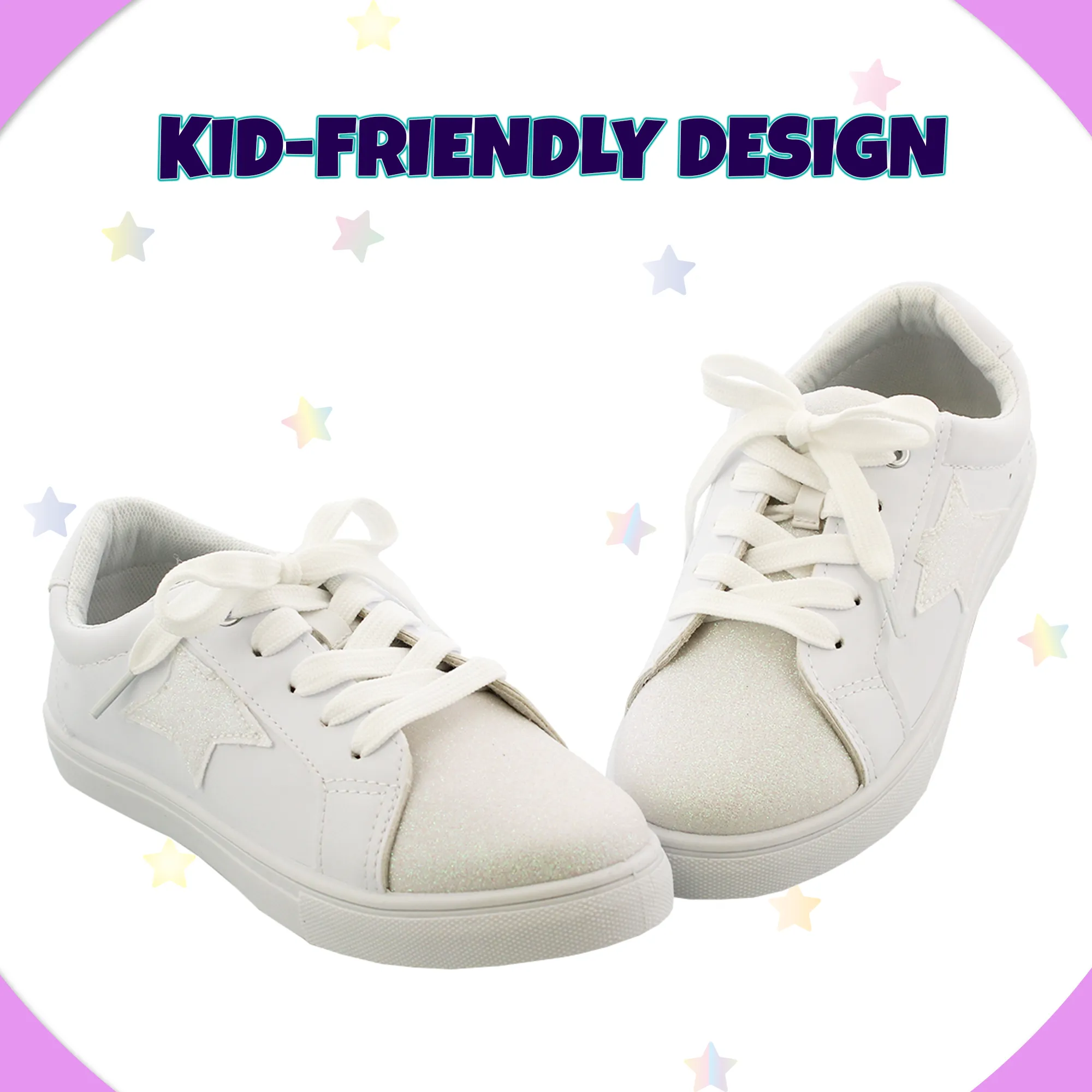 Kensie Girl Low Top Sneaker Casual Lace Up Shoes, White Stars