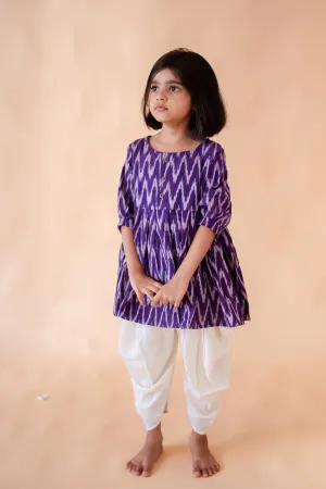 Klingaru Girl Dhoti Set - Purple Ikat with Offwhite Ikat