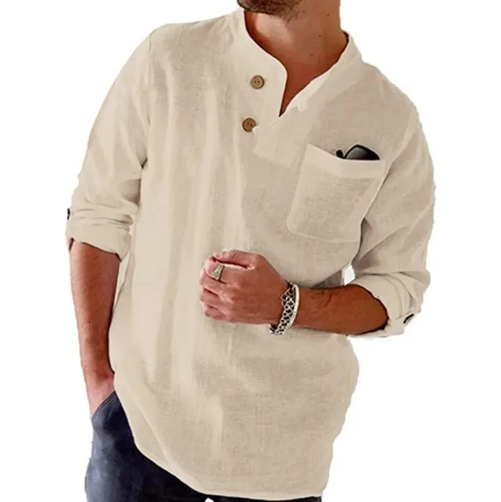 Leisurely Cotton and Linen Shirt with Roll-Up Sleeves for Men