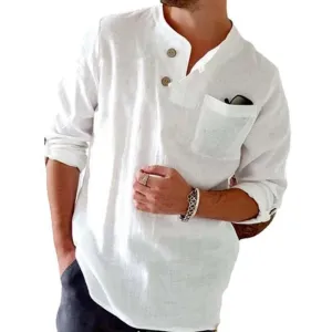 Leisurely Cotton and Linen Shirt with Roll-Up Sleeves for Men