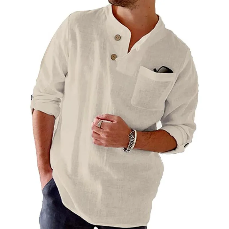 Leisurely Cotton and Linen Shirt with Roll-Up Sleeves for Men