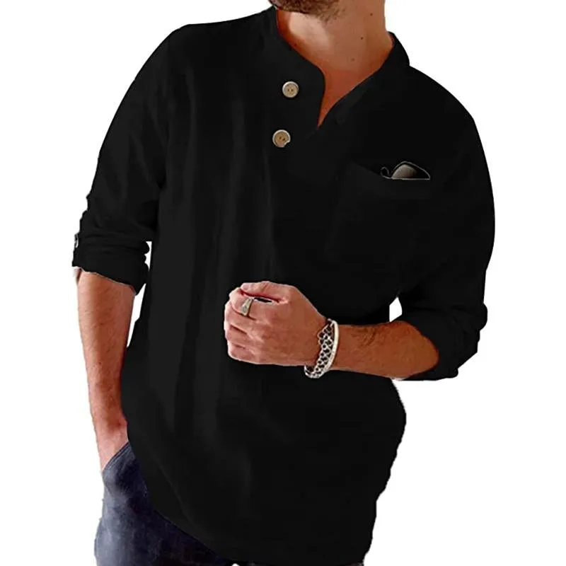 Leisurely Cotton and Linen Shirt with Roll-Up Sleeves for Men