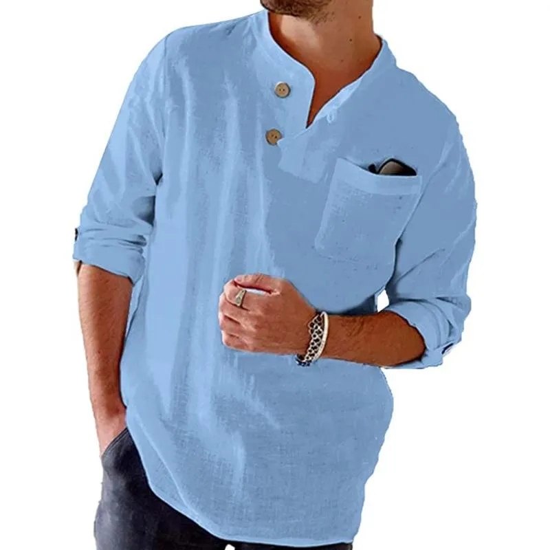 Leisurely Cotton and Linen Shirt with Roll-Up Sleeves for Men