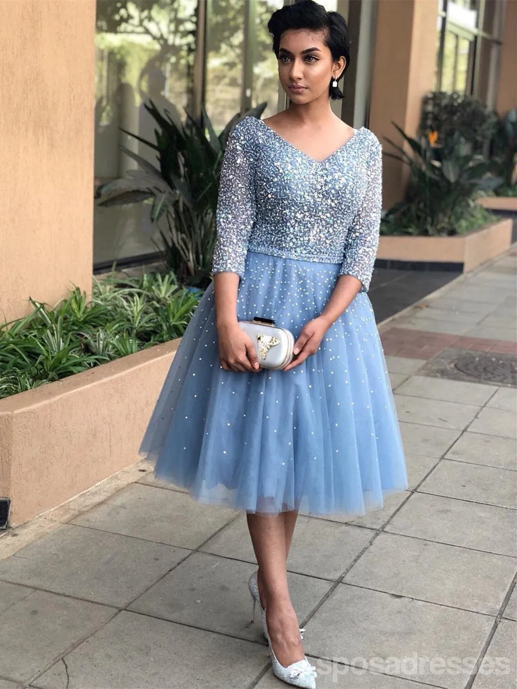 Long Sleeves Heavily Beaded Rhinestone Short Homecoming Dresses Online, CM606
