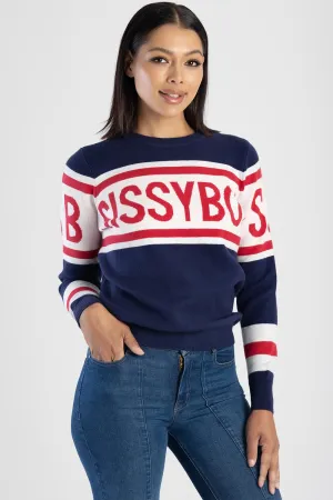 Loose Fit Crew Neck Sporty Stripe Branded Knit Top - Navy/Red