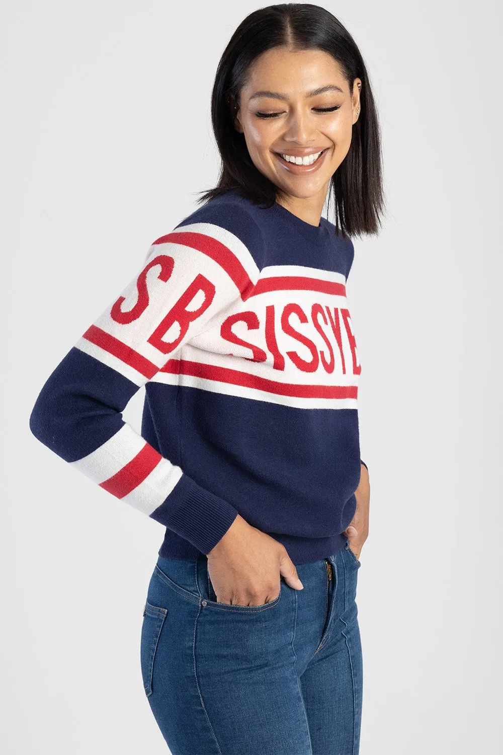 Loose Fit Crew Neck Sporty Stripe Branded Knit Top - Navy/Red