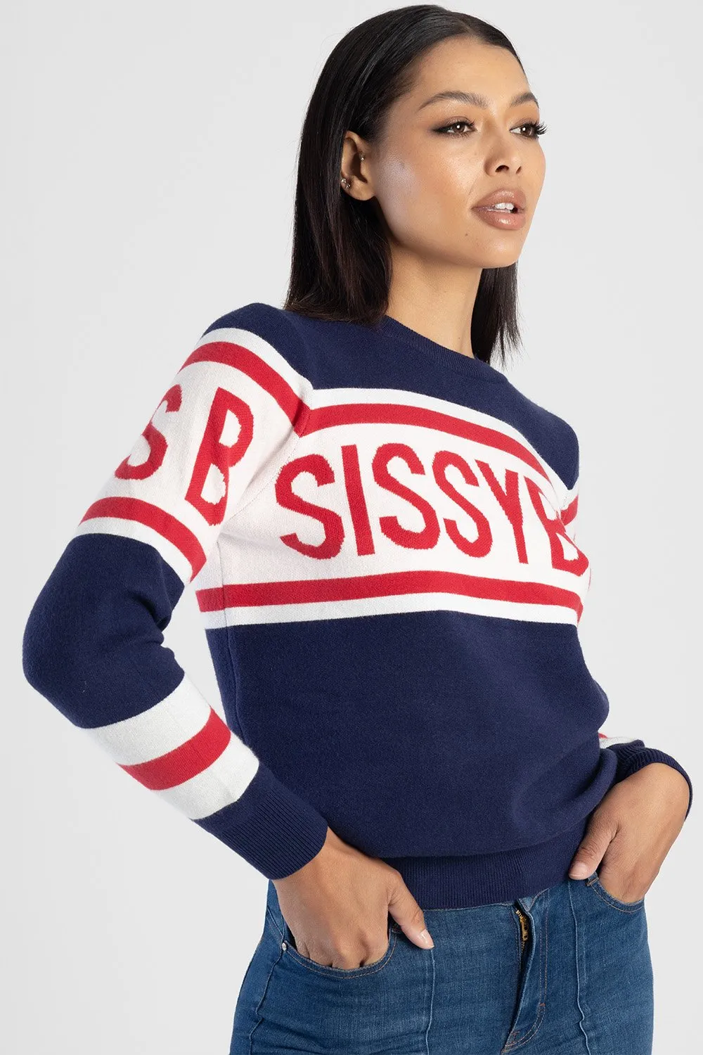Loose Fit Crew Neck Sporty Stripe Branded Knit Top - Navy/Red