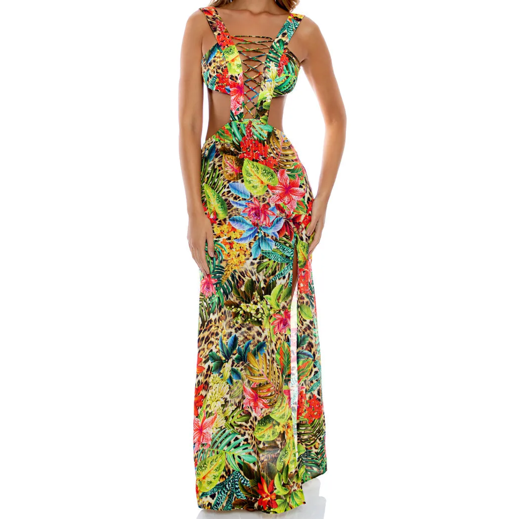 LUSH HORIZONS - Laced Up Plunging V Neck Maxi Dress
