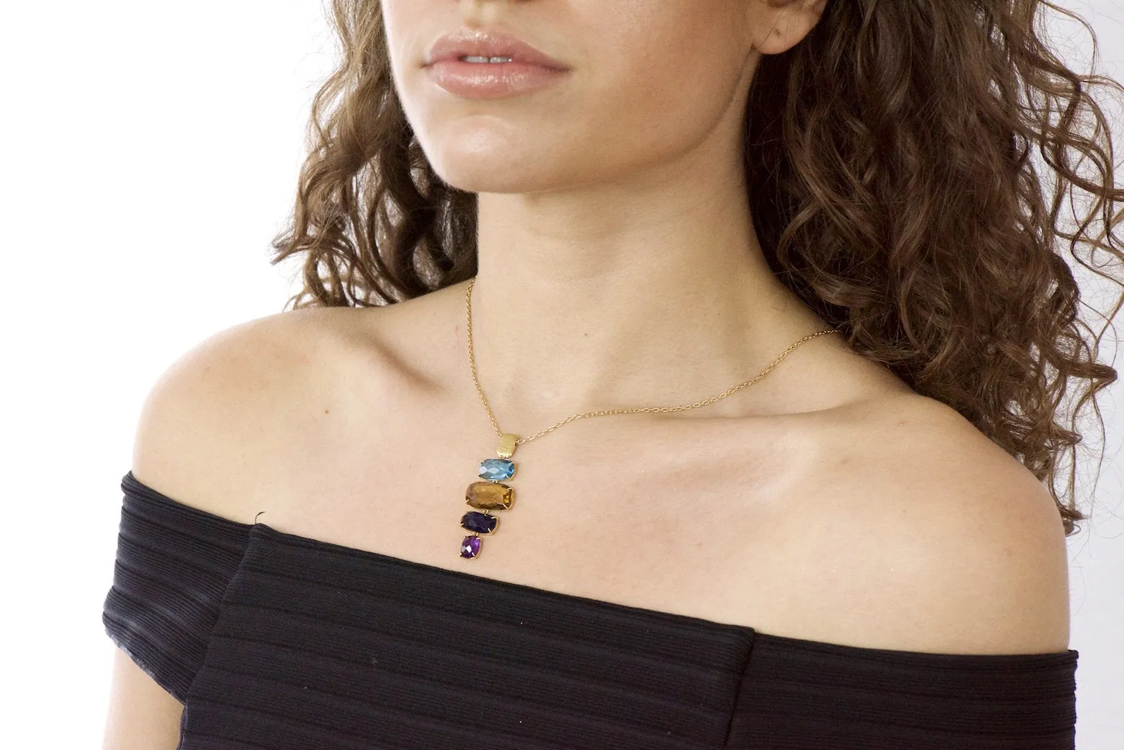 Marco Bicego Multi-Gem 18 Karat Gold Topaz Citrine Amethyst Iolite Drop Necklace