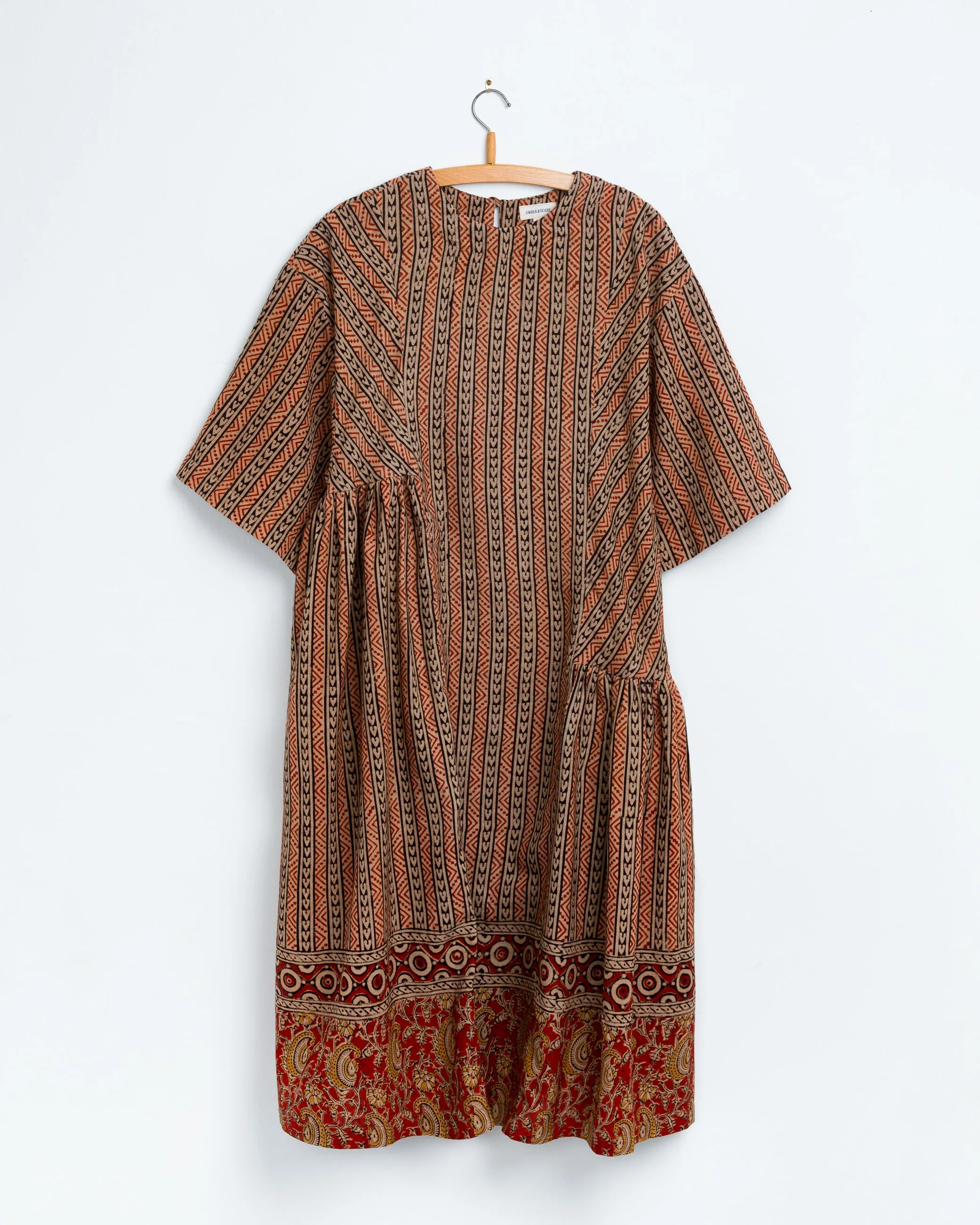 May Boxy Dress in Paisley Stripe Border Print Madder