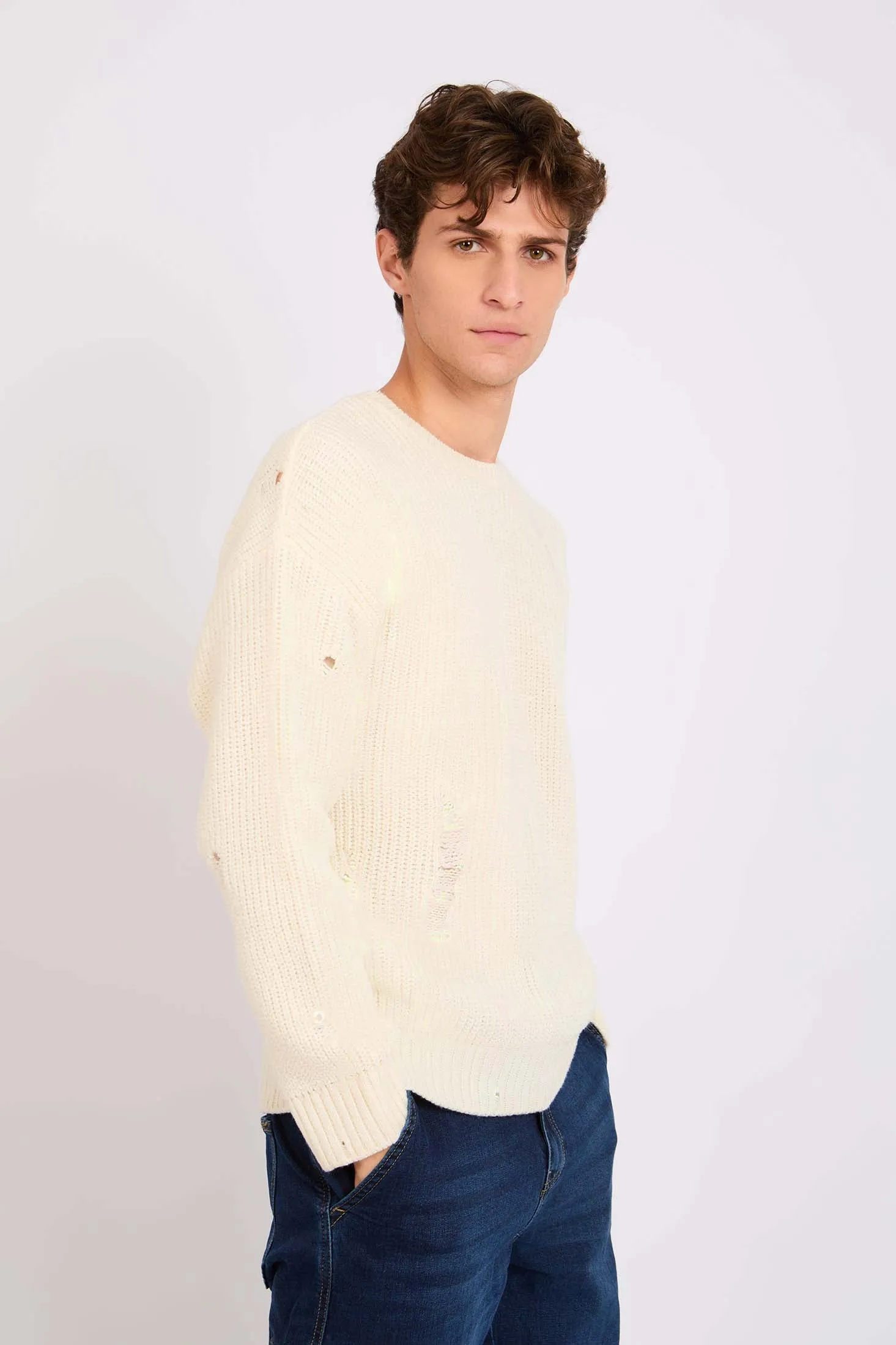 Men Pullover Destroyed Loose Off White