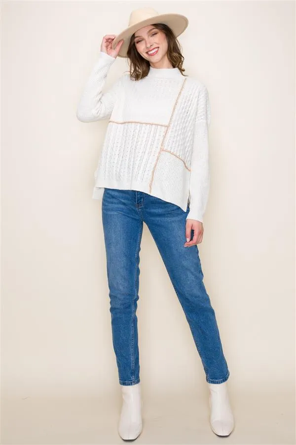 Mock Neck Contrast Stitched Sweater
