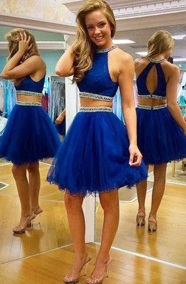 Modest Two-piece Open Back Royal Blue Homecoming Dress With Beading TR0043
