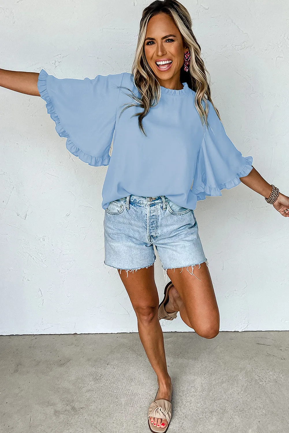 Myosotis Frilly Round Neck Wide Half Sleeve Blouse