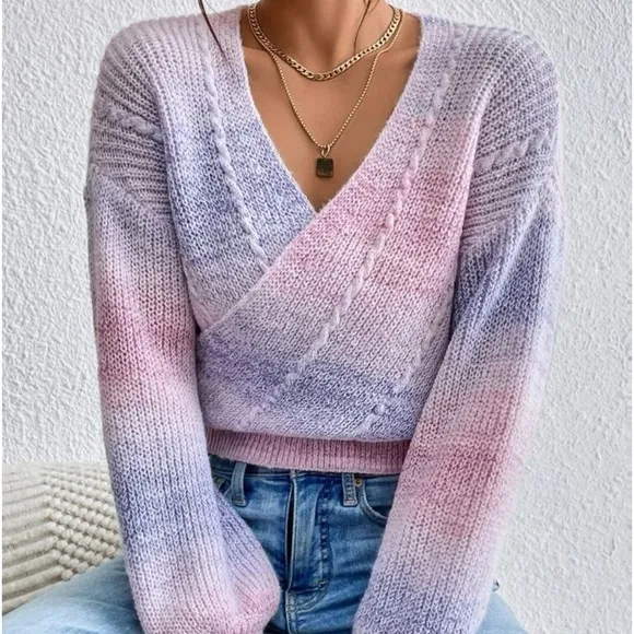 New ombre knit wrap crossover sweater
