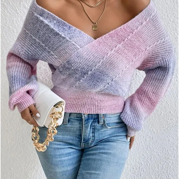 New ombre knit wrap crossover sweater