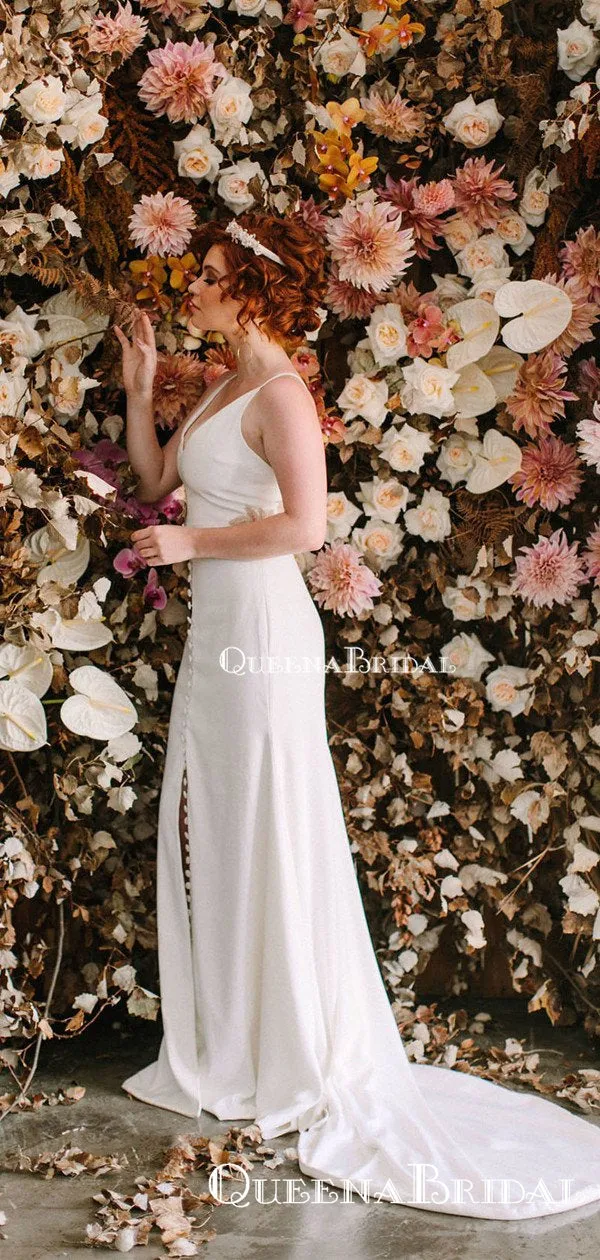 Newest Charming Sexy Spaghetti Strap V-neck Sleeveless Long Cheap Mermaid Wedding Dresses, QB0939