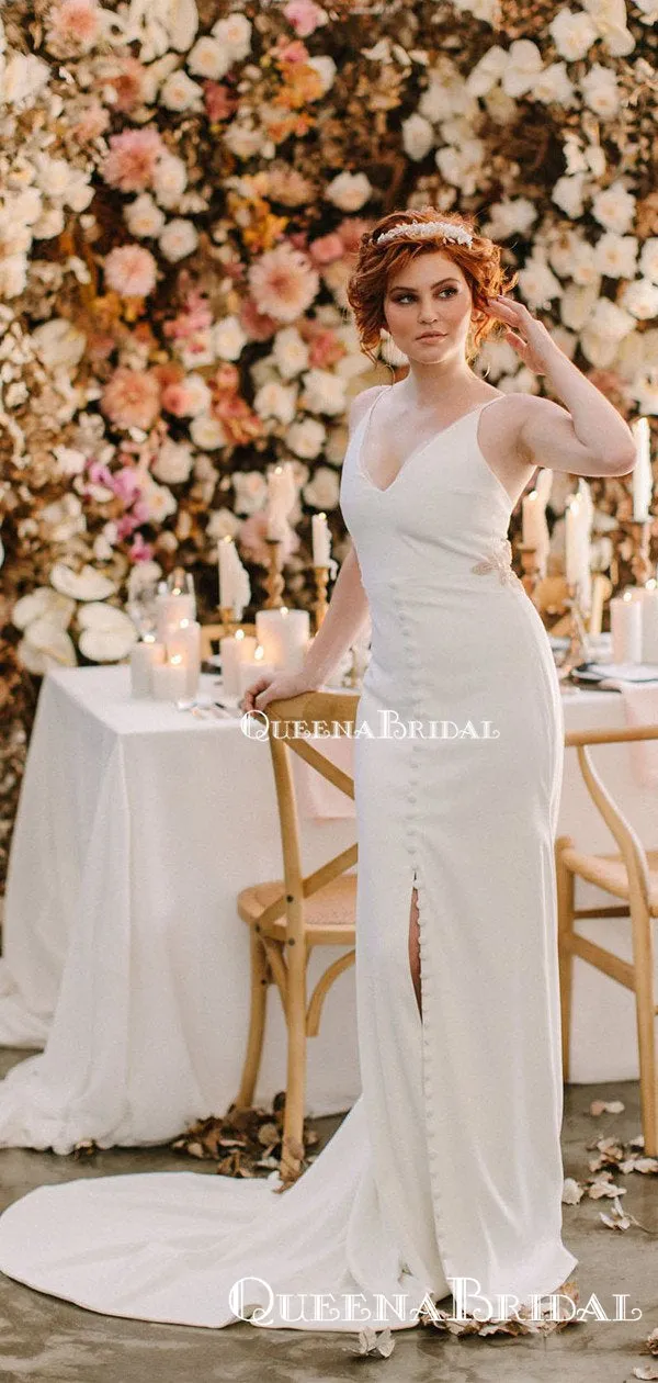 Newest Charming Sexy Spaghetti Strap V-neck Sleeveless Long Cheap Mermaid Wedding Dresses, QB0939