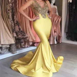 Newest Lace Beaded Sexy See Through Long Mermaid Yellow Prom Dresses, BG0088