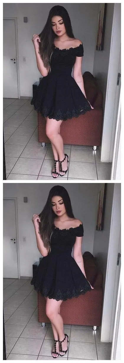 Off Shoulder Black Lace Simple Cheap Short Homecoming Dresses 2018, Little Black Dress, BDY0290