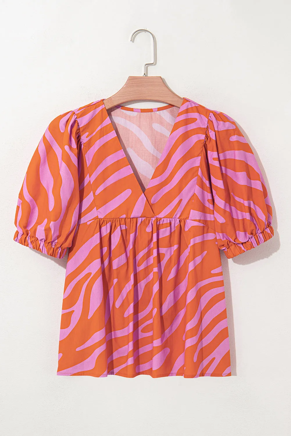 Orange Zebra Stripe Print Ruched Cuff Half Sleeve V Neck Blouse