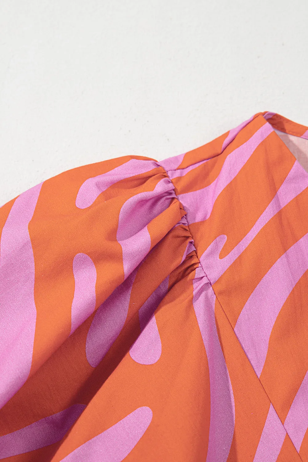 Orange Zebra Stripe Print Ruched Cuff Half Sleeve V Neck Blouse