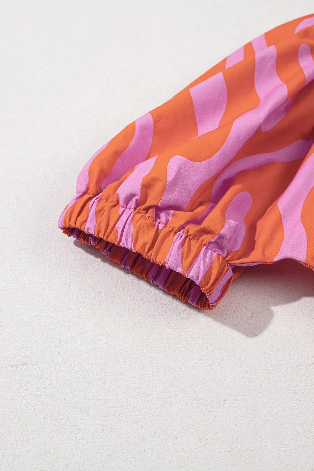 Orange Zebra Stripe Print Ruched Cuff Half Sleeve V Neck Blouse