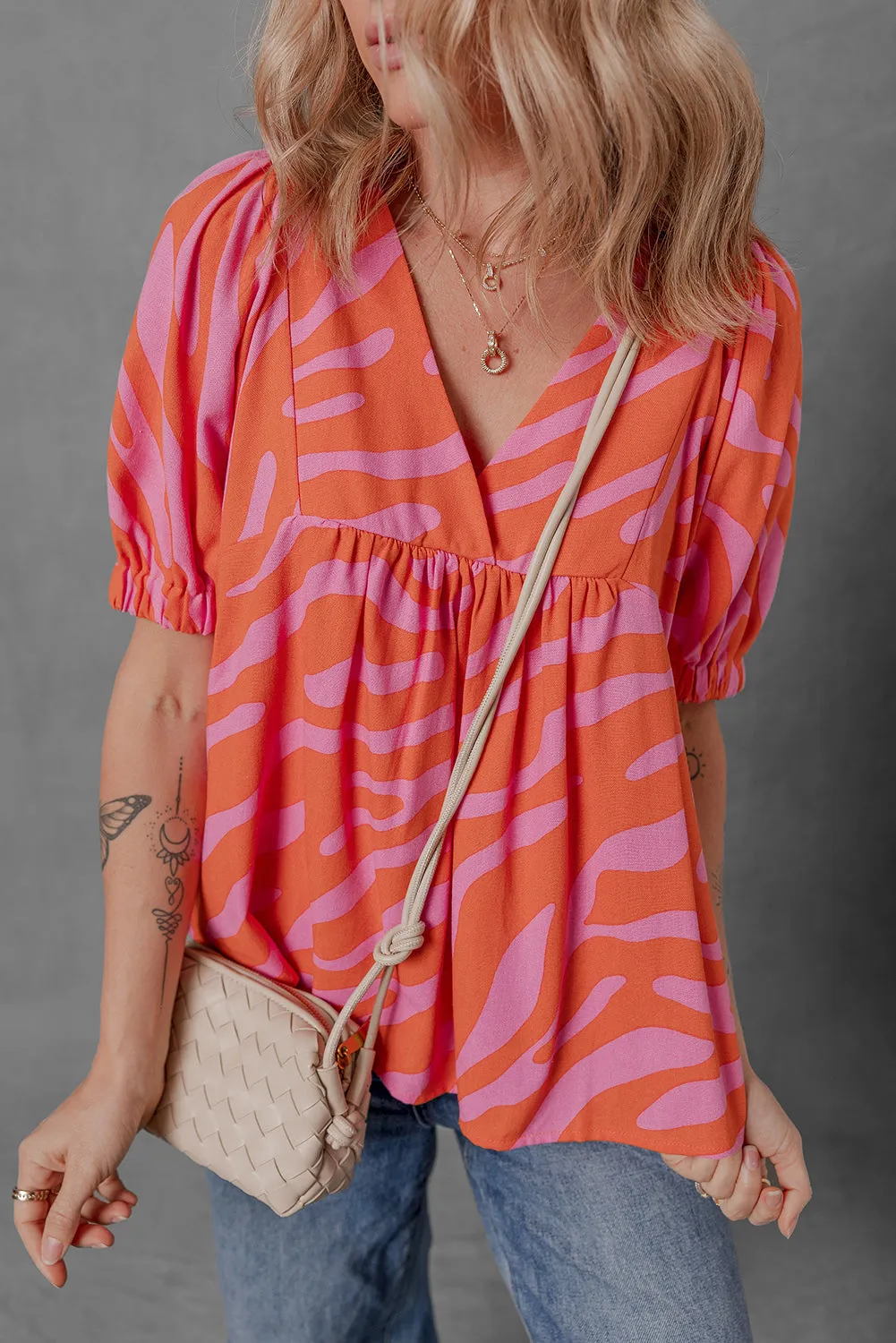 Orange Zebra Stripe Print Ruched Cuff Half Sleeve V Neck Blouse