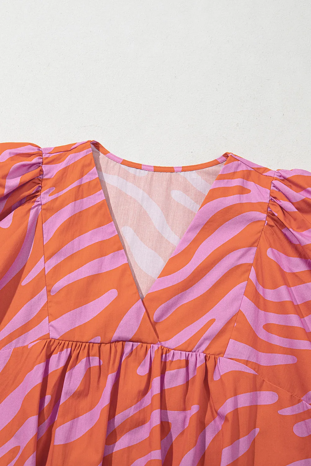 Orange Zebra Stripe Print Ruched Cuff Half Sleeve V Neck Blouse