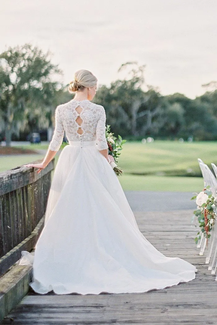 Pearls Lace Sleeves Wedding Dresses Photograph Shoot