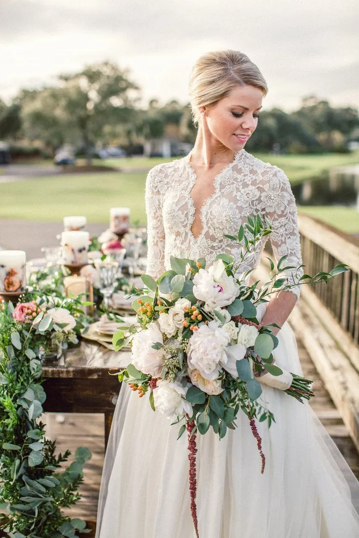 Pearls Lace Sleeves Wedding Dresses Photograph Shoot
