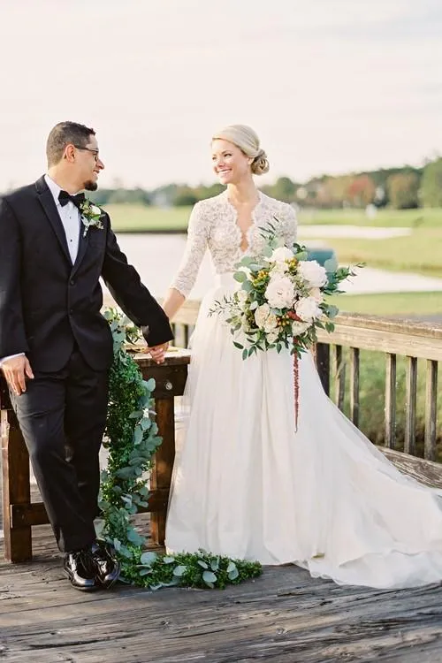 Pearls Lace Sleeves Wedding Dresses Photograph Shoot