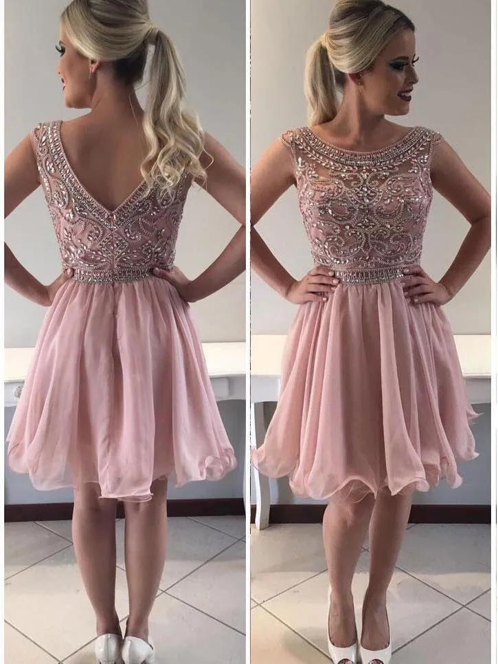Pink Scoop Rhinestone Beaded Homecoming Dresses 2018, BDY0225