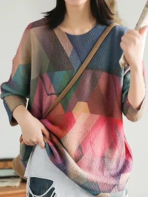 Plus Size Autumn Geometry Vintage Women Loose Sweater