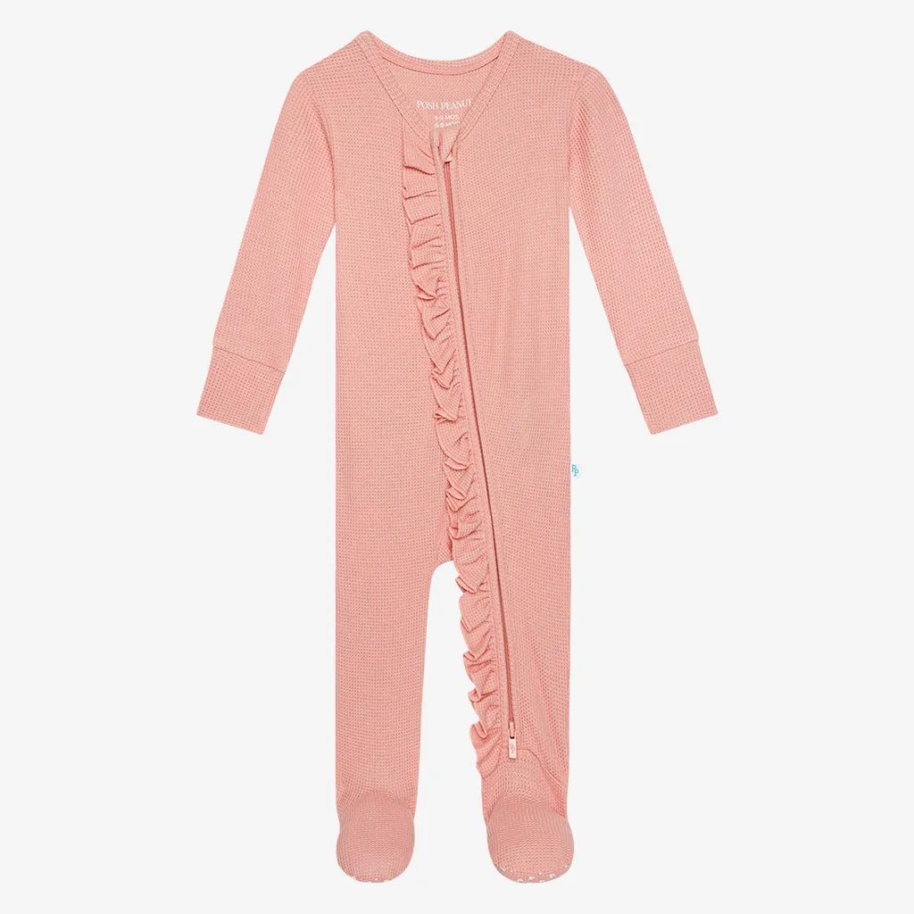 Posh Peanut Fall Rose Waffle Ruffled Zippered Footie