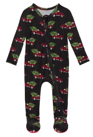 Posh Peanut Levi Trucks and Trees Christmas Winter Zippered Footie One Piece