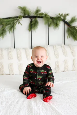 Posh Peanut Levi Trucks and Trees Christmas Winter Zippered Footie One Piece