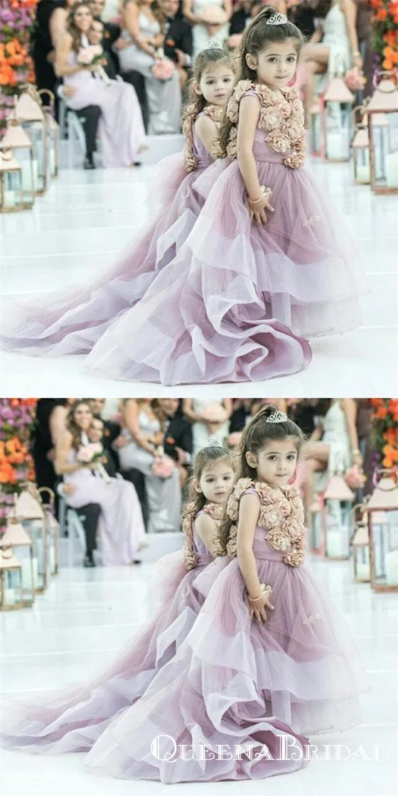 Pretty Round Neck Sweep Train Dusty Pink Cheap Flower Girl Dresses With Handmade Flowers, QB0091