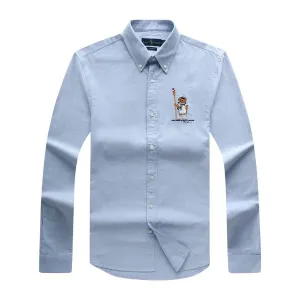 PRL Men's Cotton Bear Logo Embroidered Blue Button Down Shirt