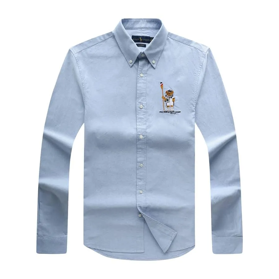 PRL Men's Cotton Bear Logo Embroidered Blue Button Down Shirt