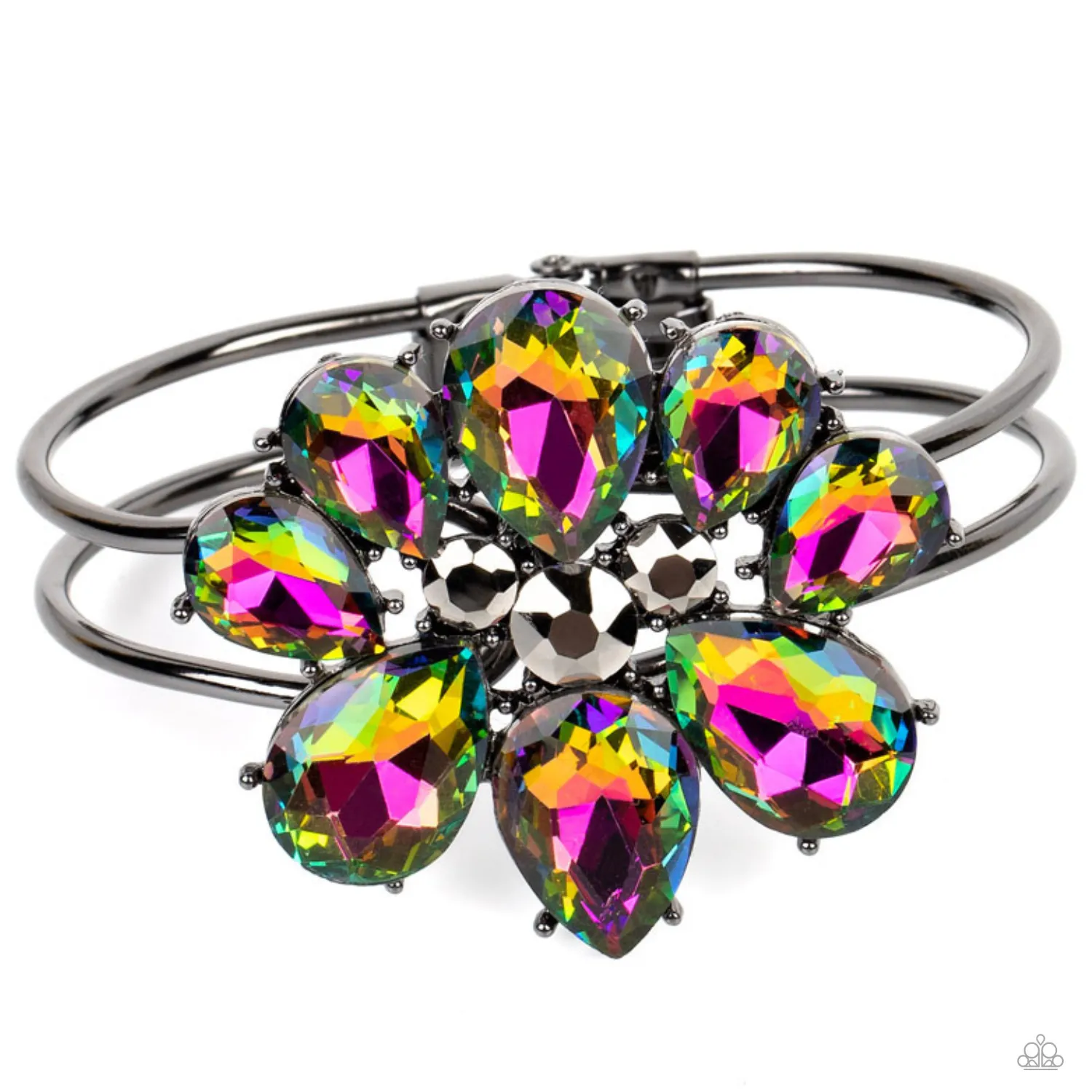 "Dauntless is More" Gunmetal & Teardrop Multi Oil Spill Rhinestones Hinge Bracelet