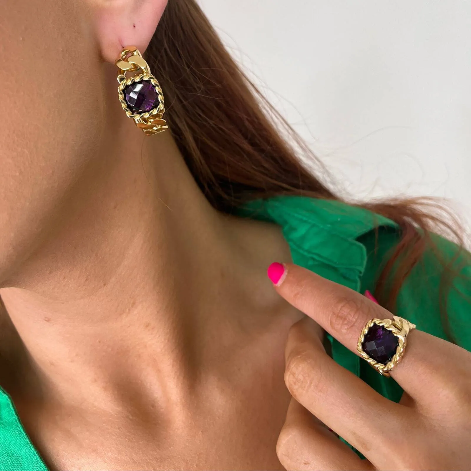 Rebecca Cocktail Gold Chunky Boxy Hoop Earrings - Purple