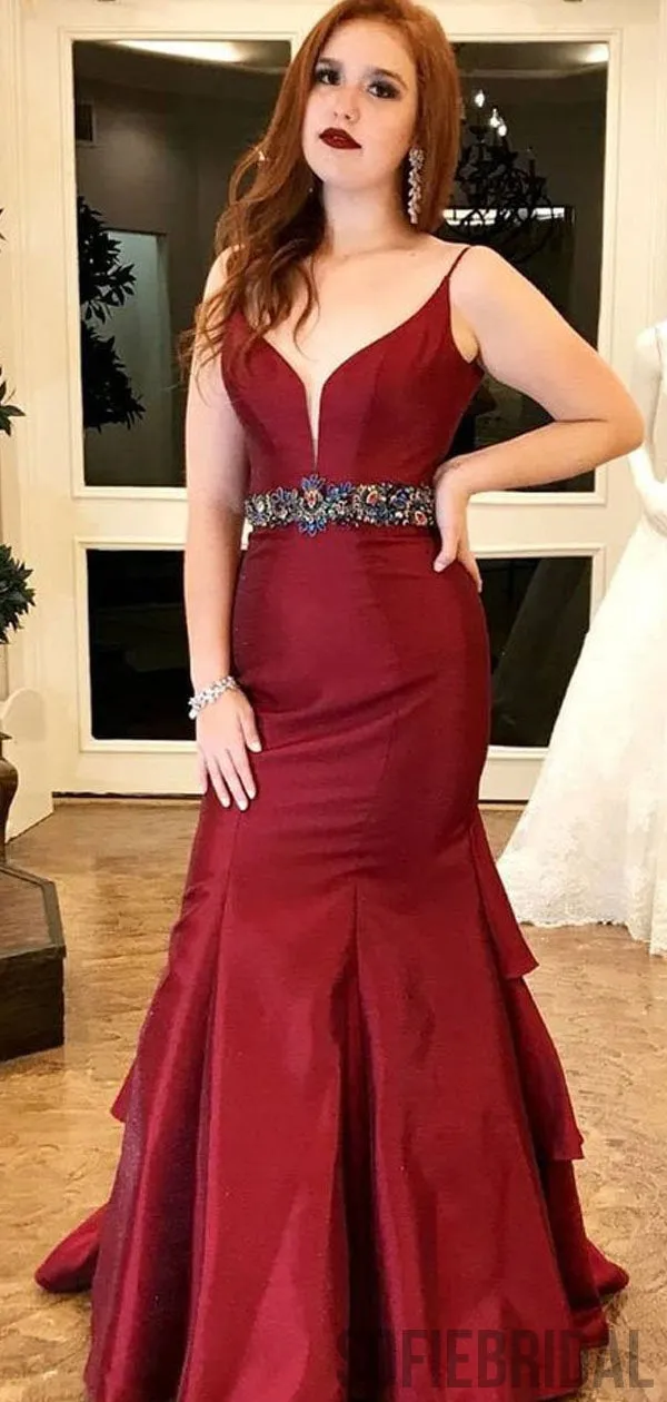 Red Mermaid Satin Prom Dresses Withed Rhinestone Waist Band, Cheap Prom Dresses, PD0747
