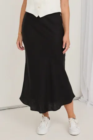RE:UNION Bliss Black Linen Bias Midi Skirt
