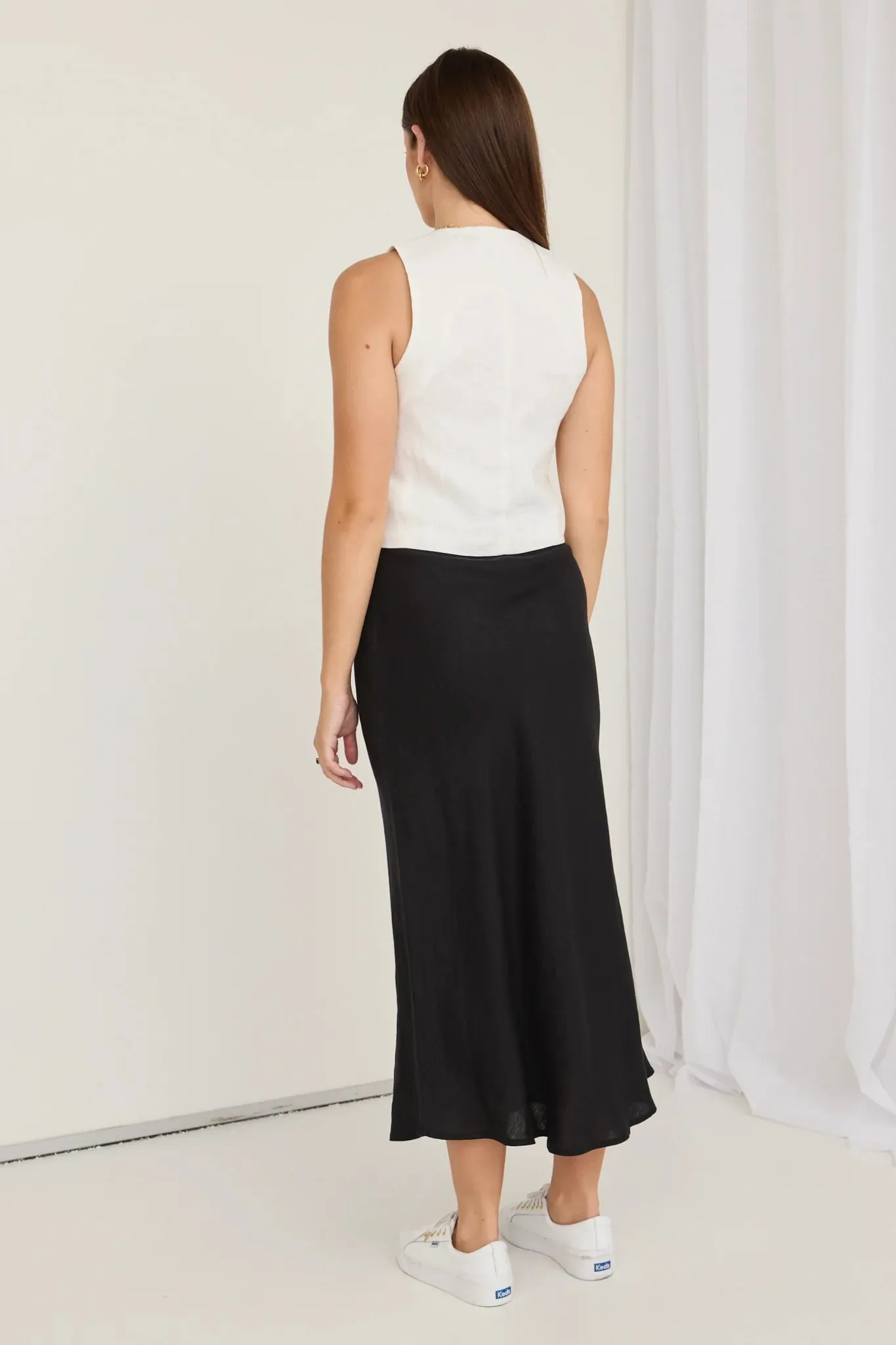 RE:UNION Bliss Black Linen Bias Midi Skirt