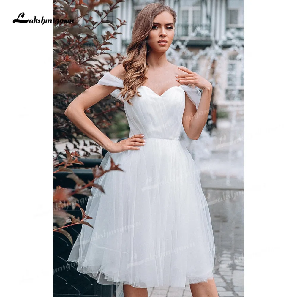 Roycebridal Elegant Tulle A-Line Wedding Dresses Sweetheart Neck Sleeveless Knee-Length None Train Bride Gowns Simple Off The Shoulder 2021