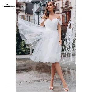 Roycebridal Elegant Tulle A-Line Wedding Dresses Sweetheart Neck Sleeveless Knee-Length None Train Bride Gowns Simple Off The Shoulder 2021