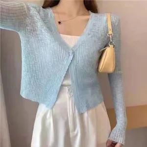 Sexy Women V Neck Button Long Sleeve Cropped Knitted Loose Sweater Tops