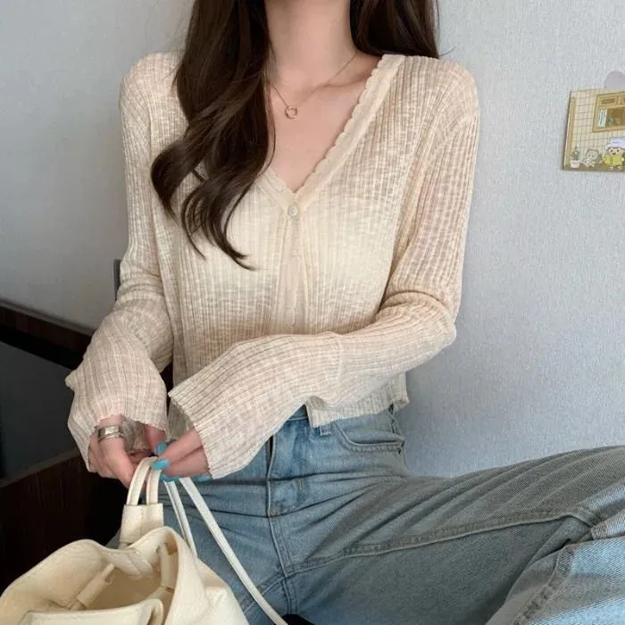 Sexy Women V Neck Button Long Sleeve Cropped Knitted Loose Sweater Tops